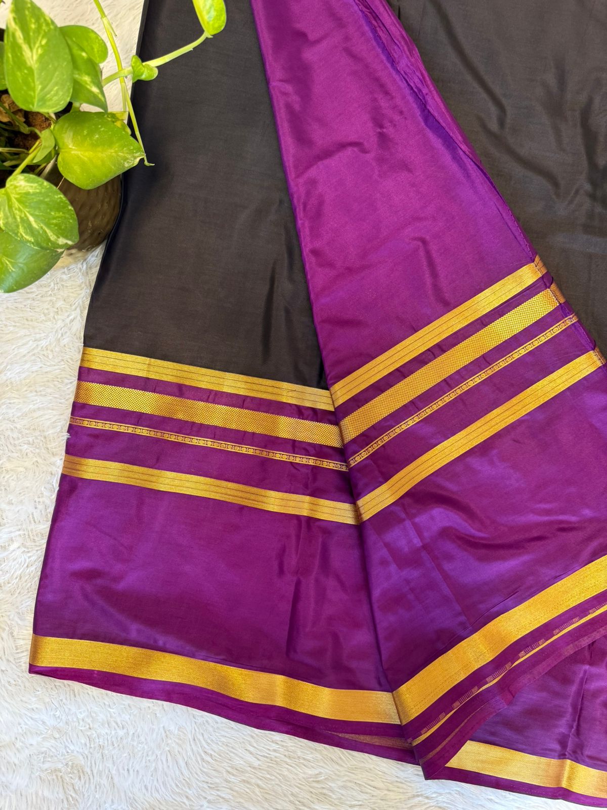 Semi Mysore Crepe silk Black with Purple boarder