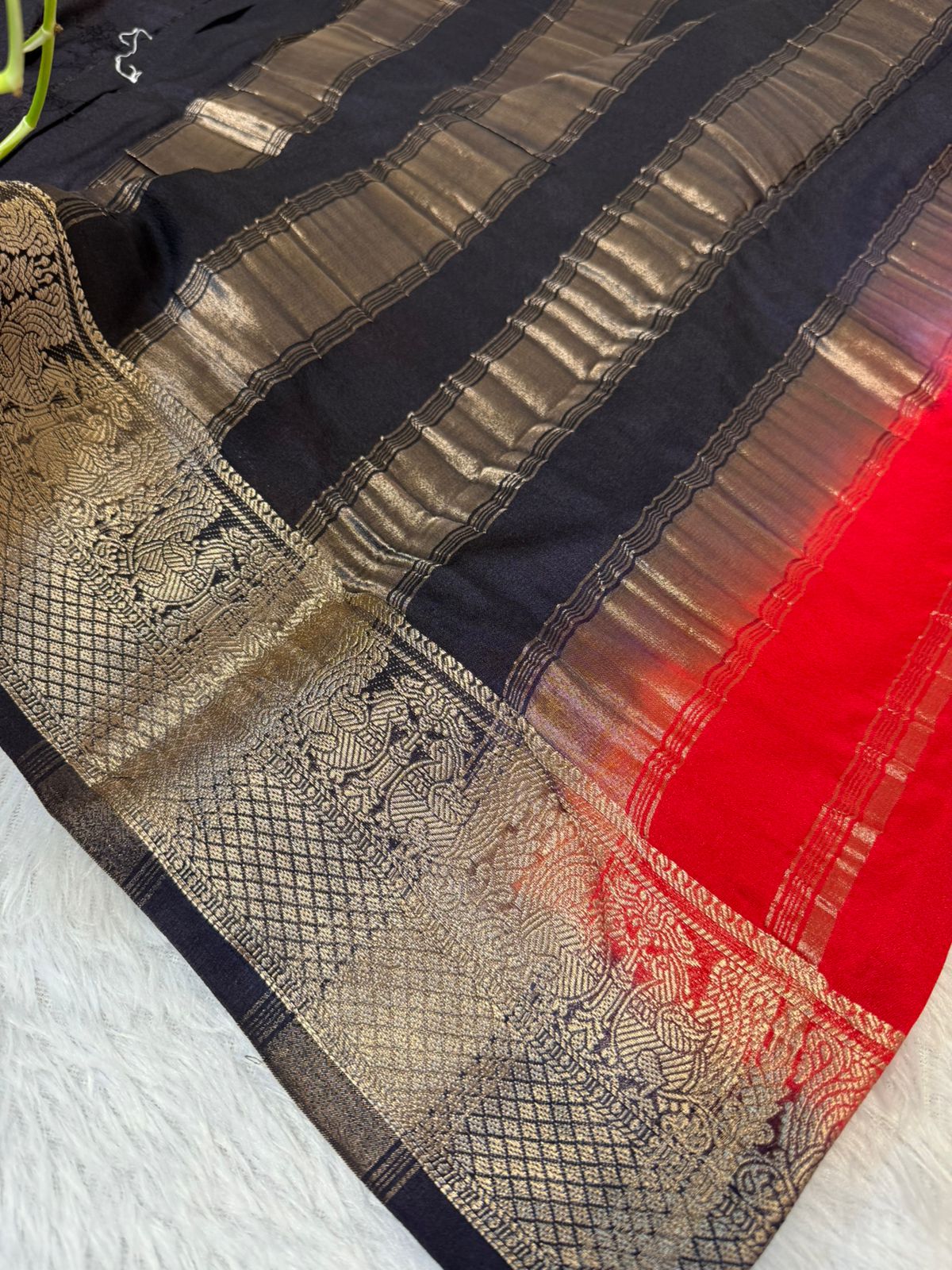Semi Crepe silk with Peacock boarder in Red and Navy blue