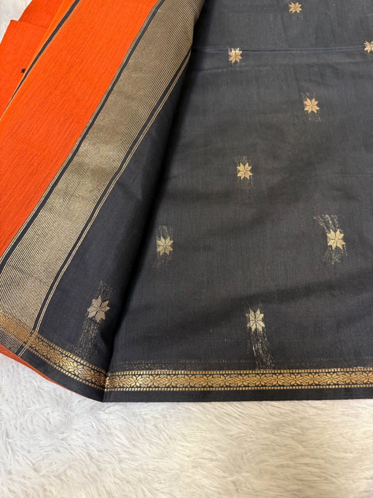 Saffron Maheshwari Cotton Silk Saree with Black pallu