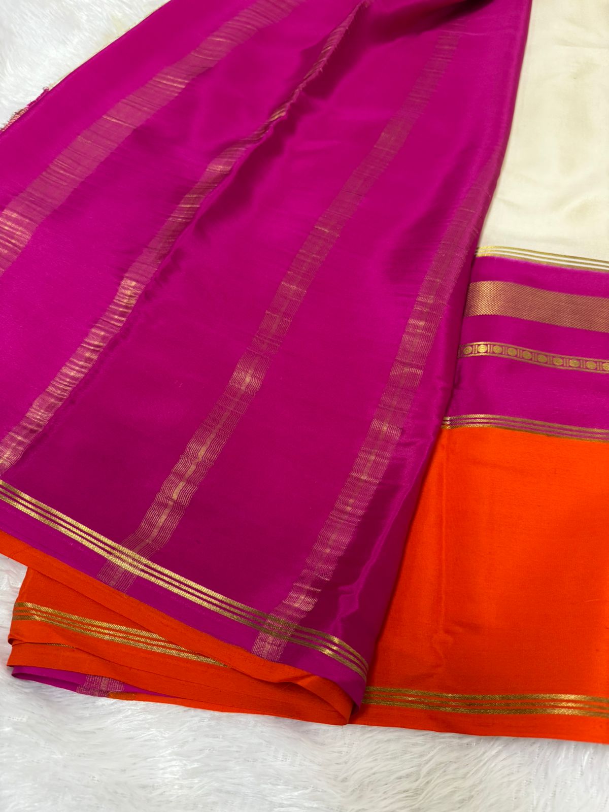 orange + pink and white Pure Mysore silk  saree