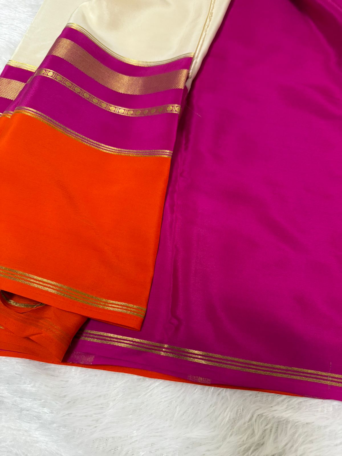orange + pink and white Pure Mysore silk  saree