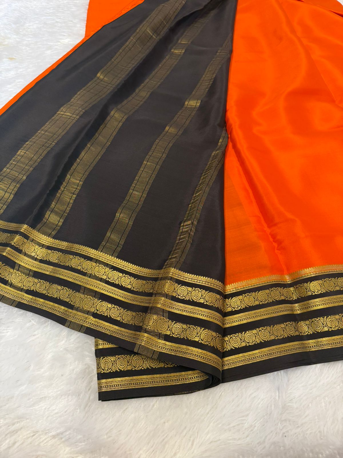 saffron with black Pure Mysore Silk Saree