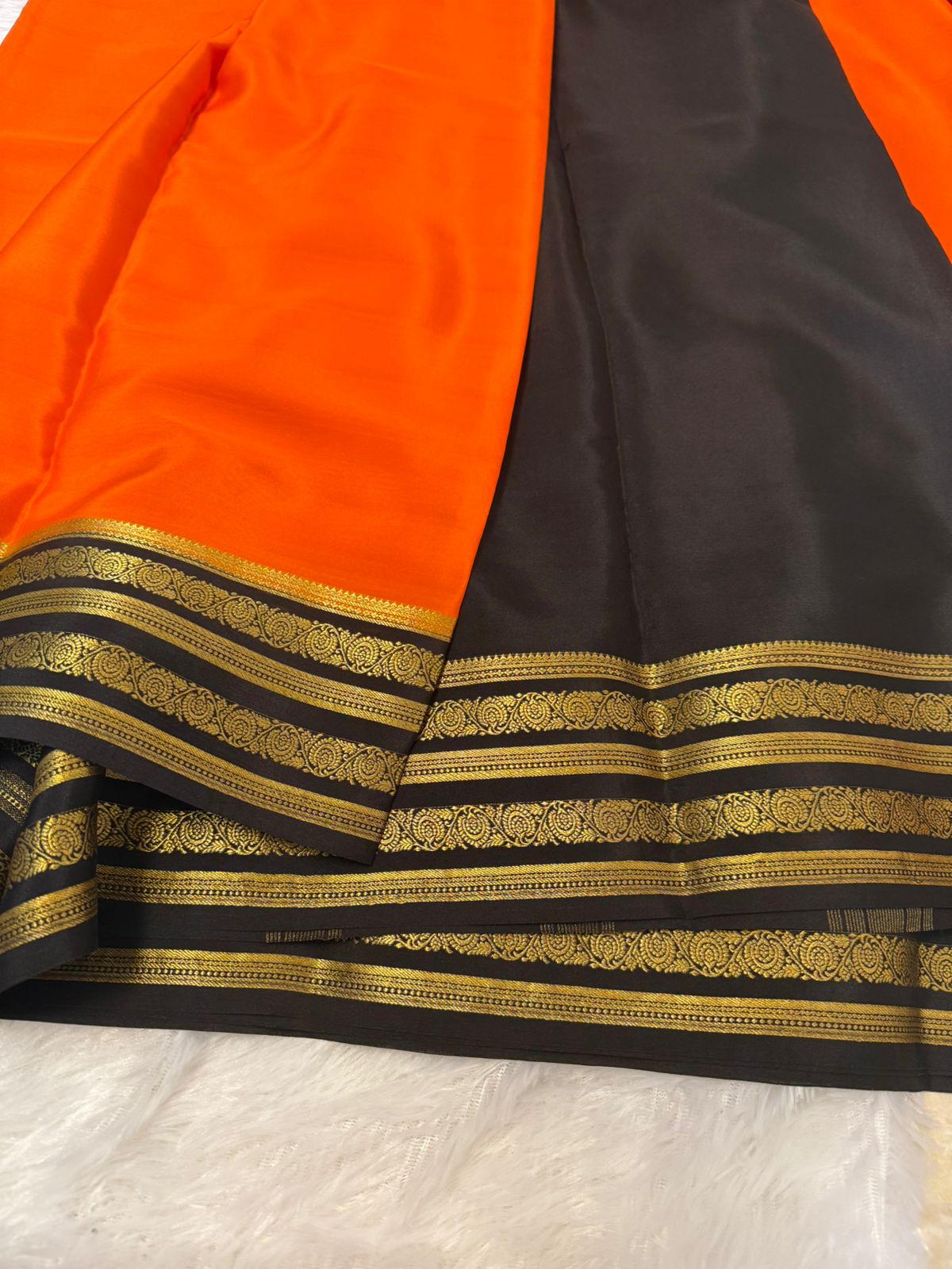 saffron with black Pure Mysore Silk Saree
