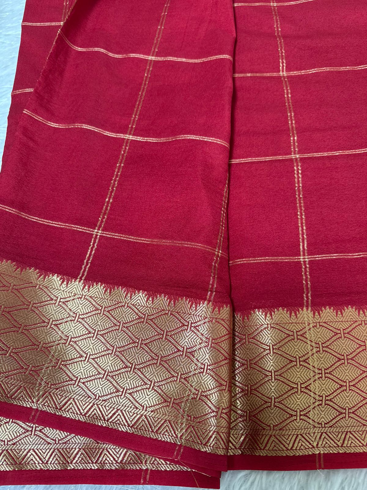 Red N Gold Check pattern Semi Silk