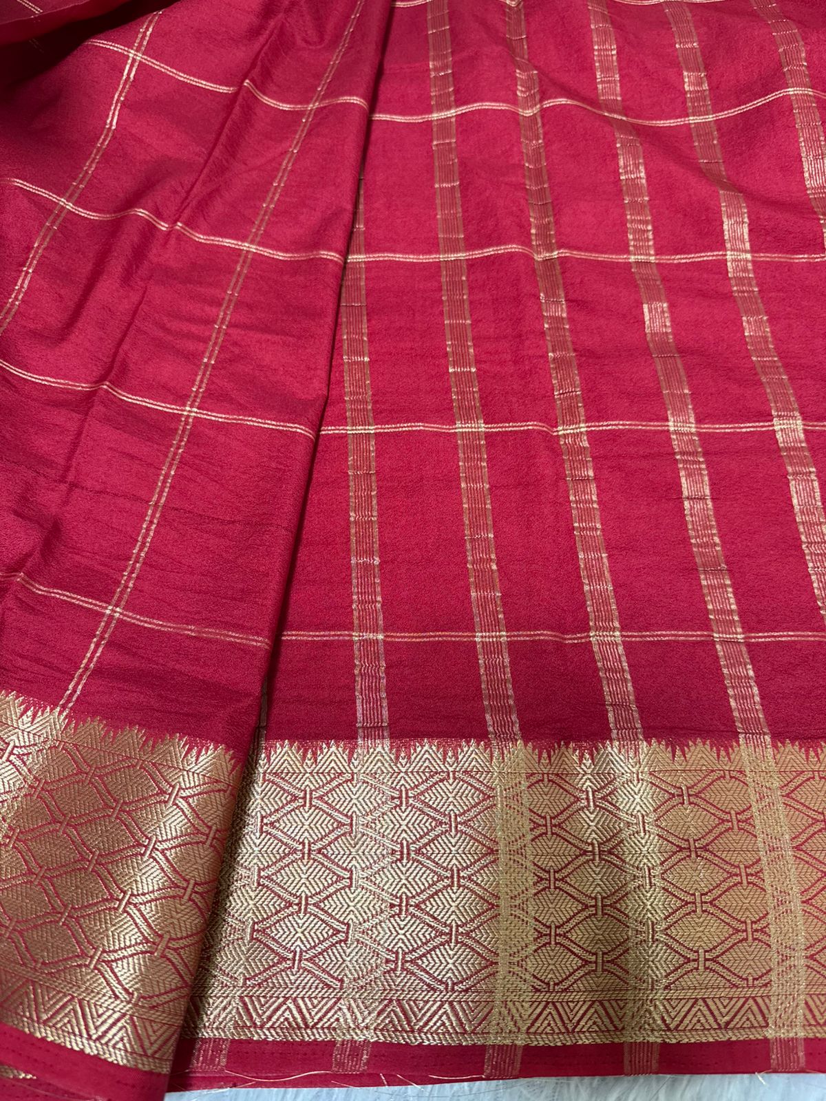Red N Gold Check pattern Semi Silk