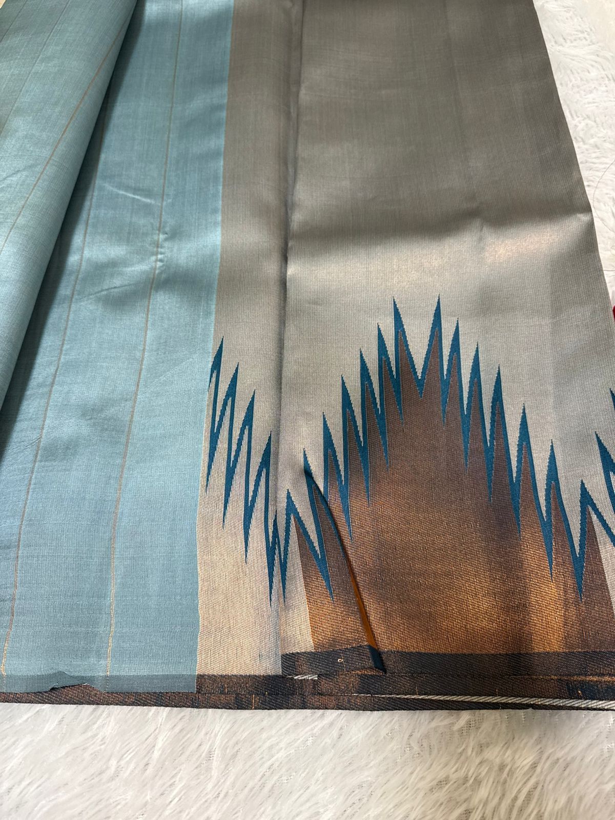 Temple Bordered Semi silk in Light blue