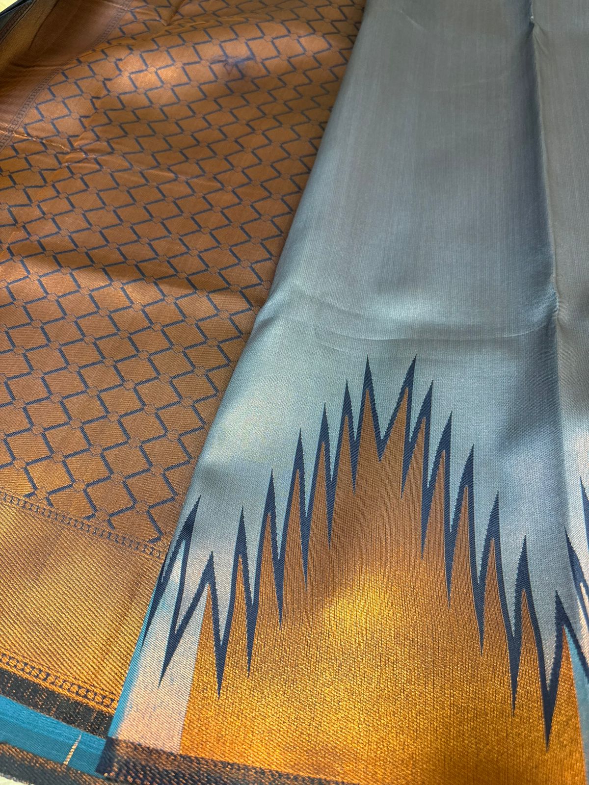 Temple Bordered Semi silk in Blue
