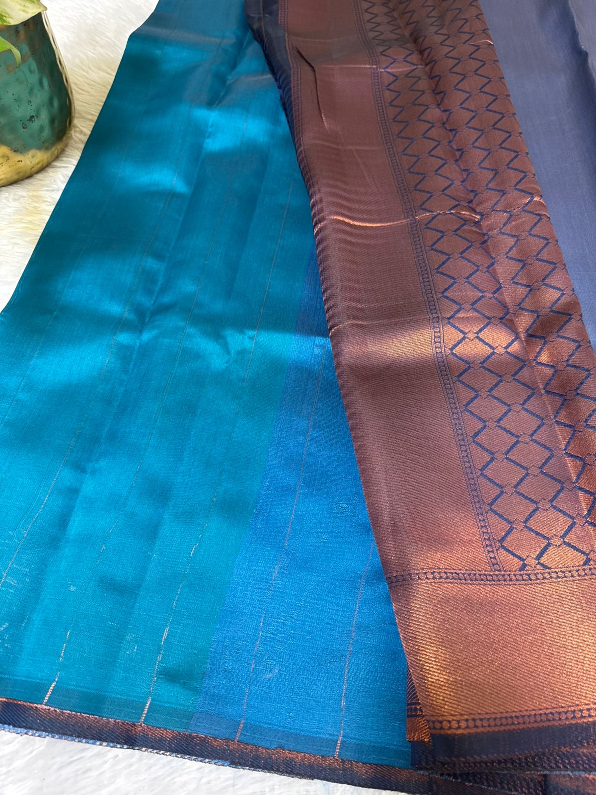 Temple Bordered Semi silk in Blue