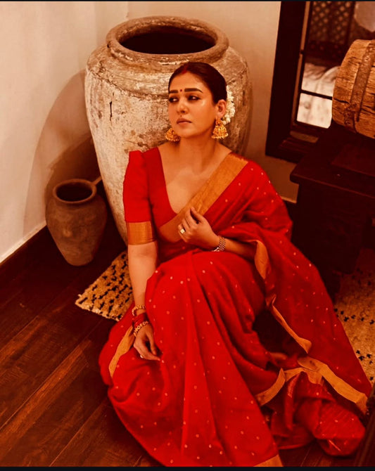 NayanaTara Red Saree with Butta