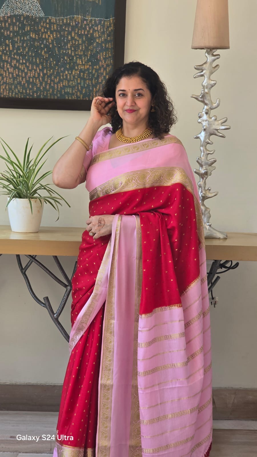 Red Lotus pink Small butta Pure Mysore Silk Saree