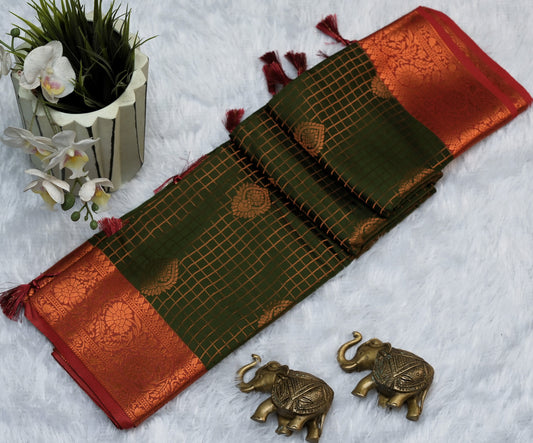 Green Soft silk in checked pattern saree