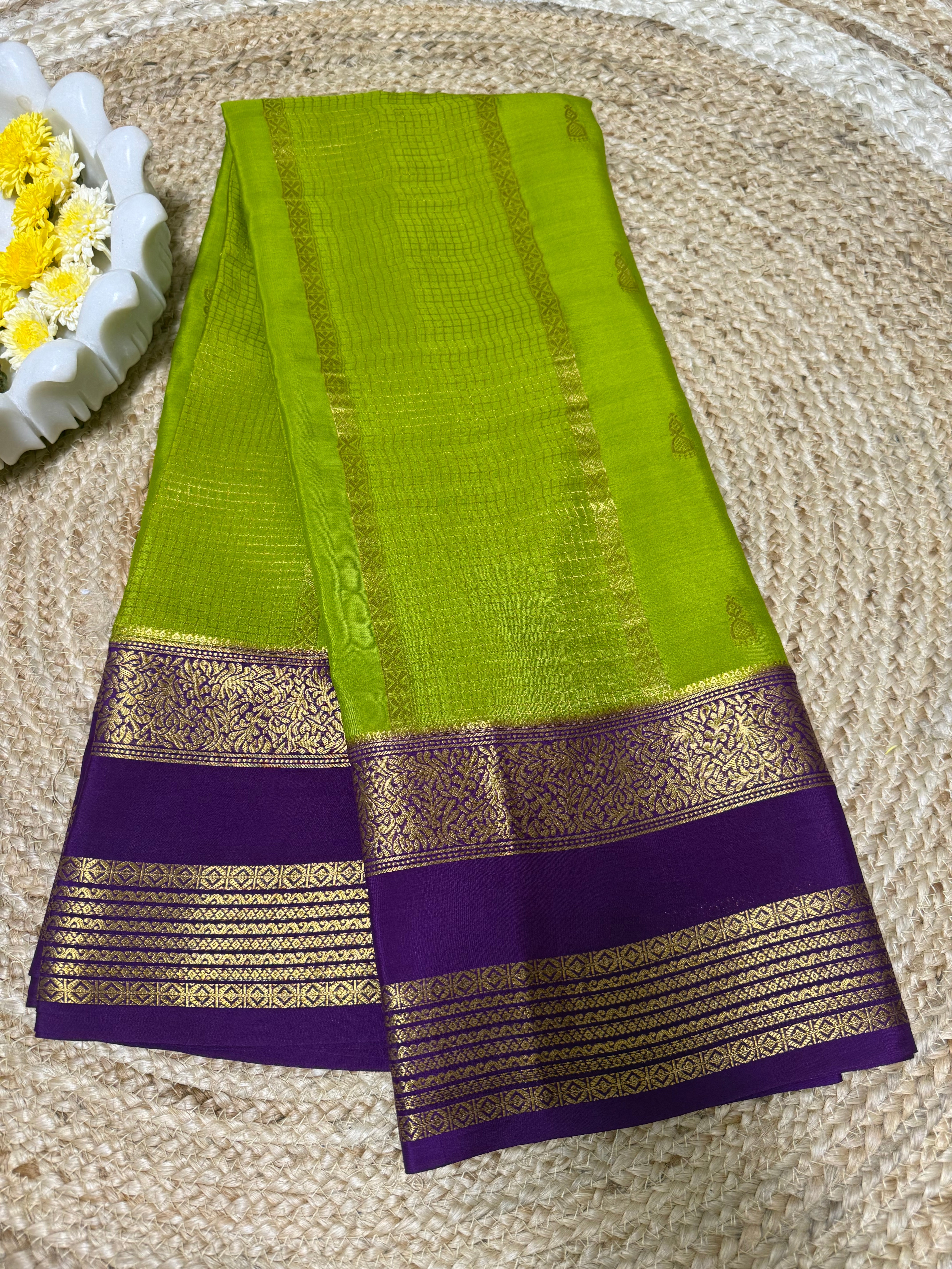 Parrot Green Jumka Butta n Bentex border Pure Mysore silk Saree