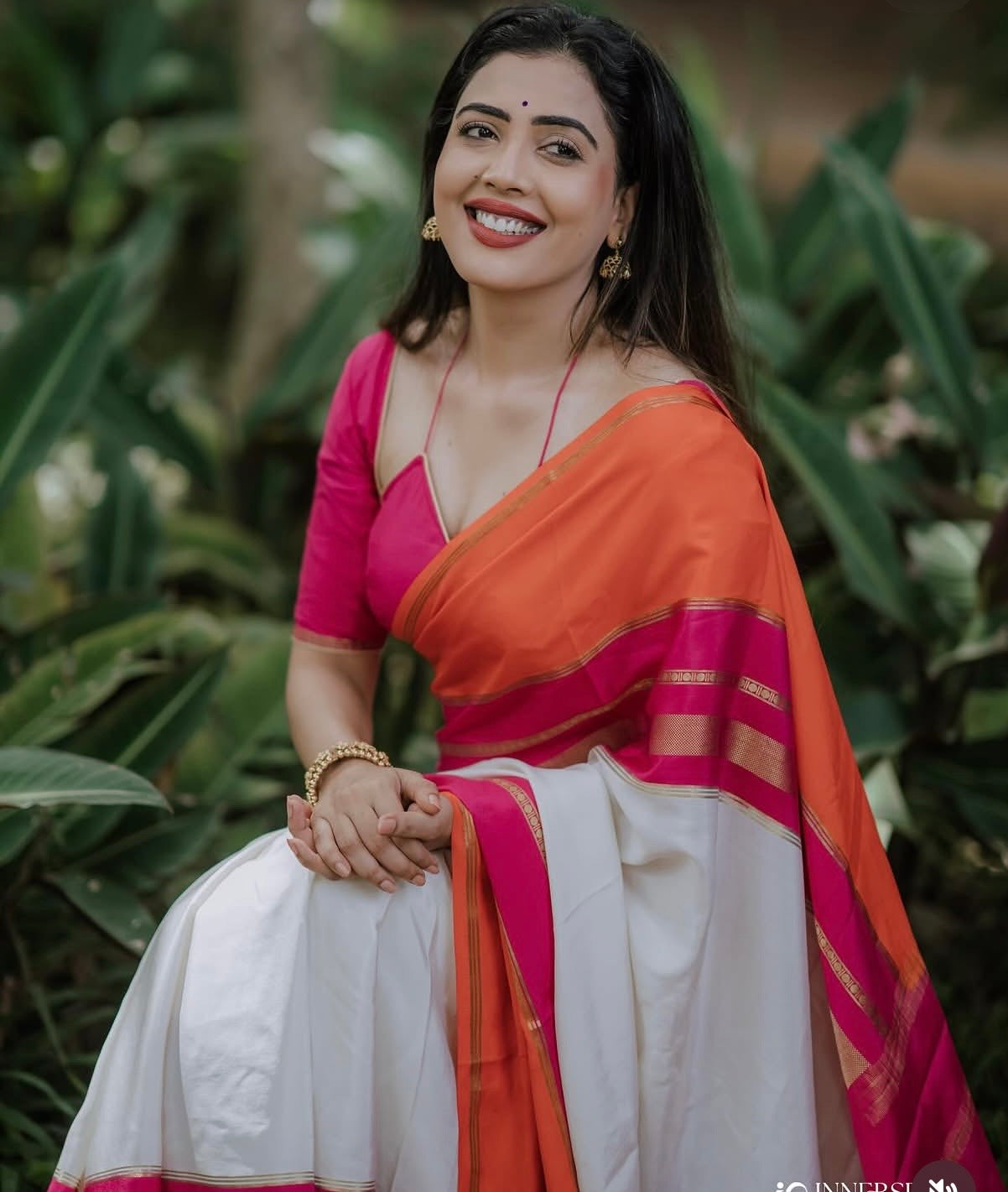 Orange pink and white Pure Mysore silk  saree