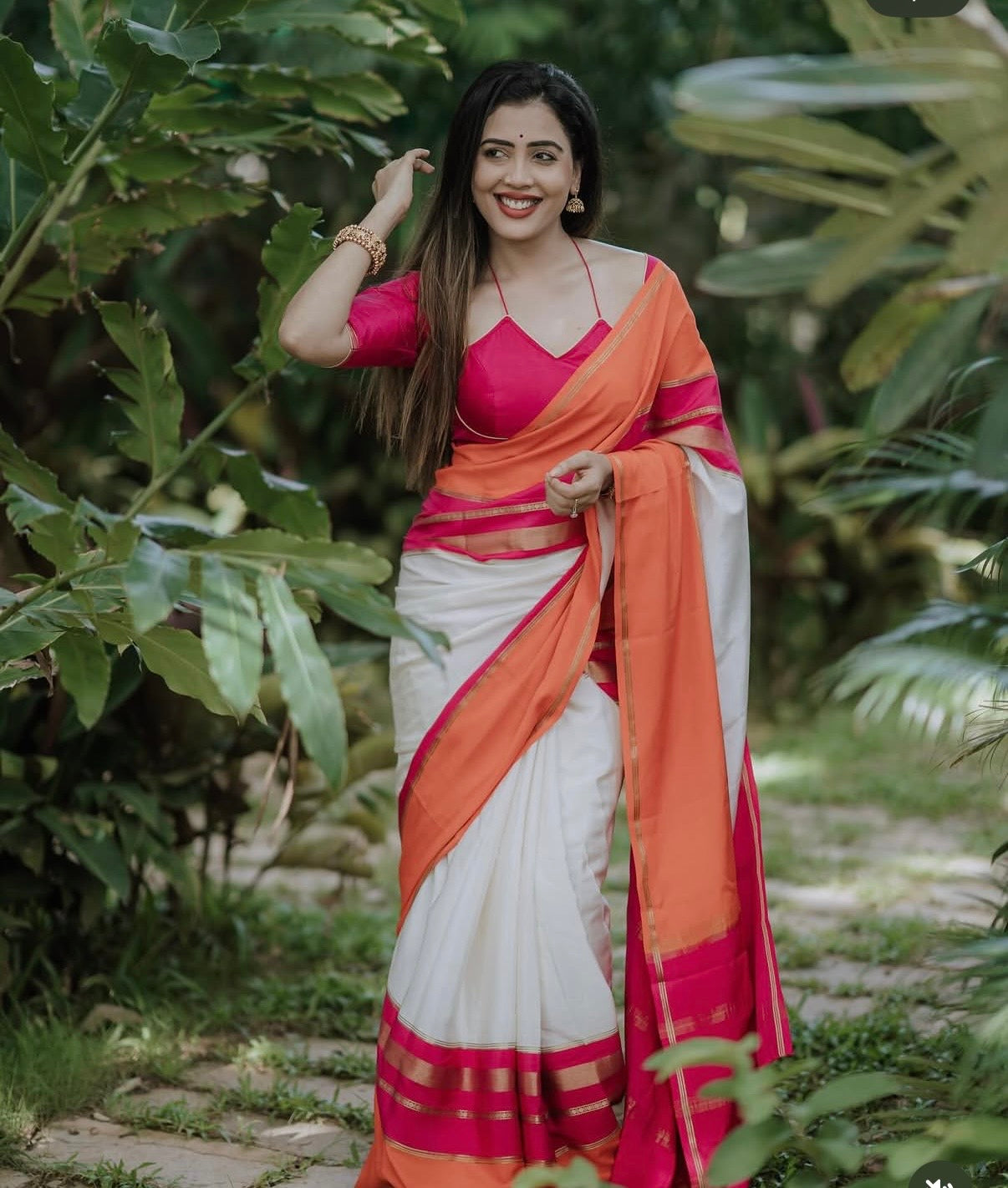 Orange pink and white Pure Mysore silk  saree