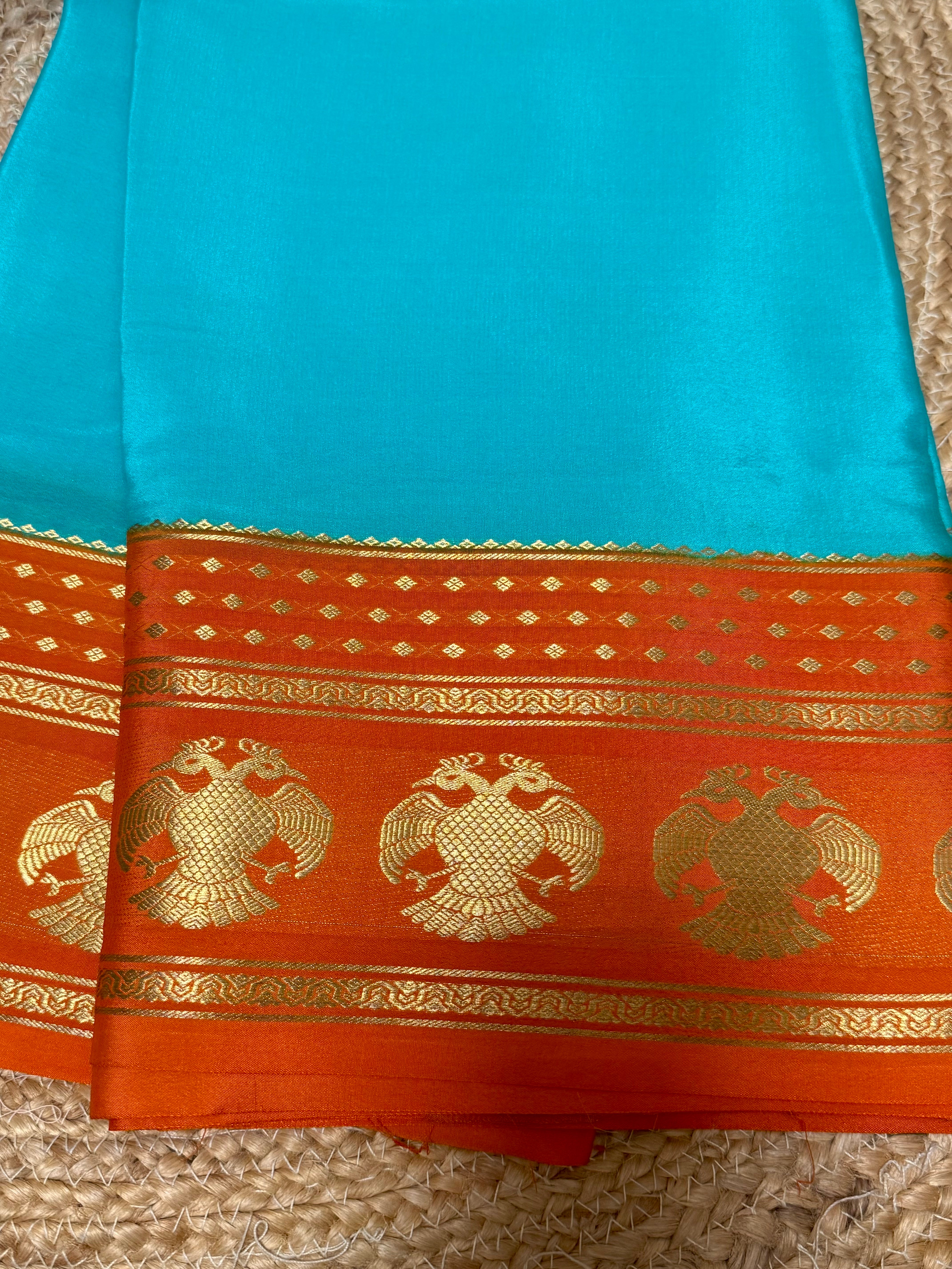 Blue nd orange Pure Mysore silk saree with Gandaberunda border