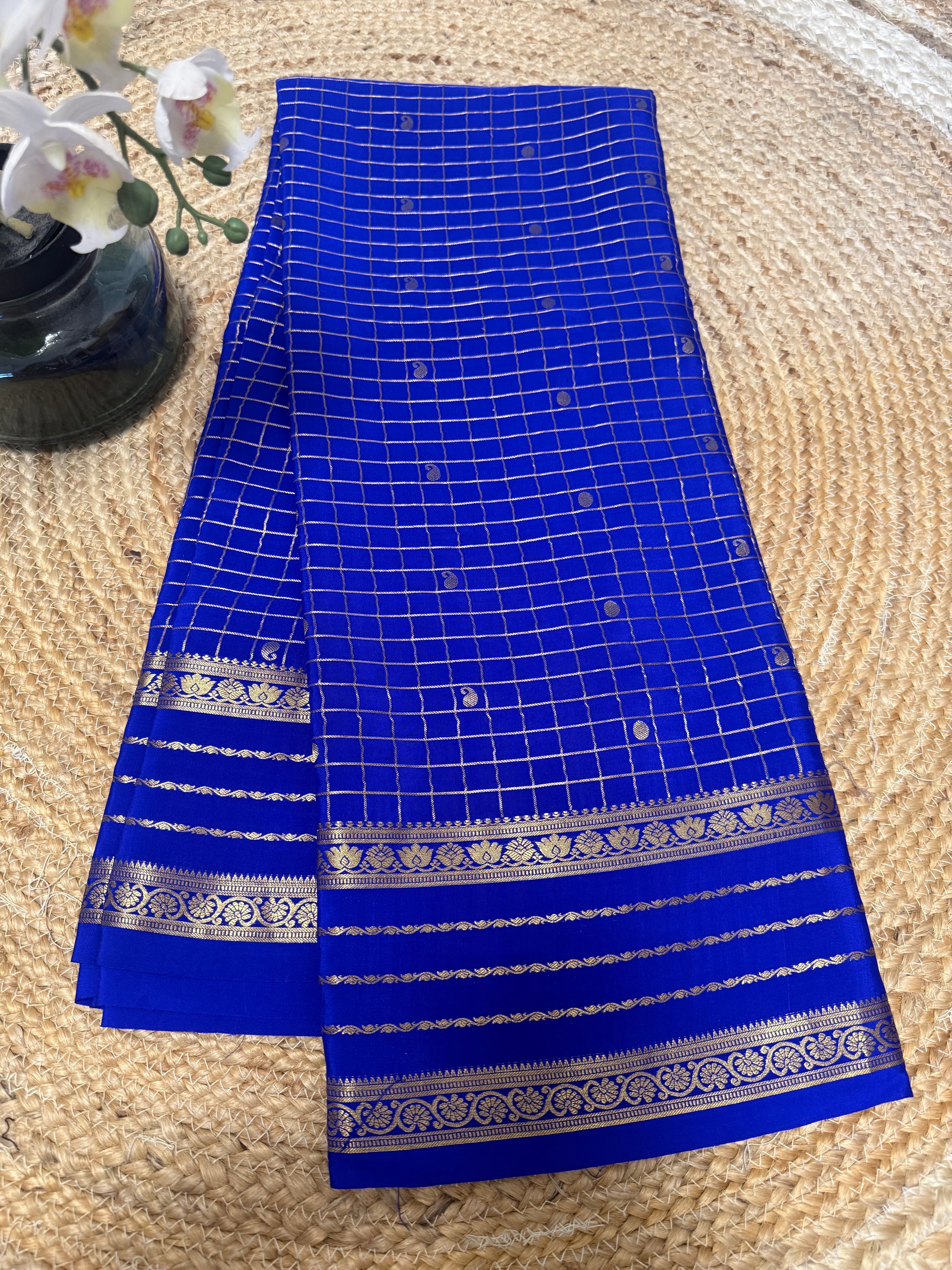 Blue cheques Pure Mysore silk saree