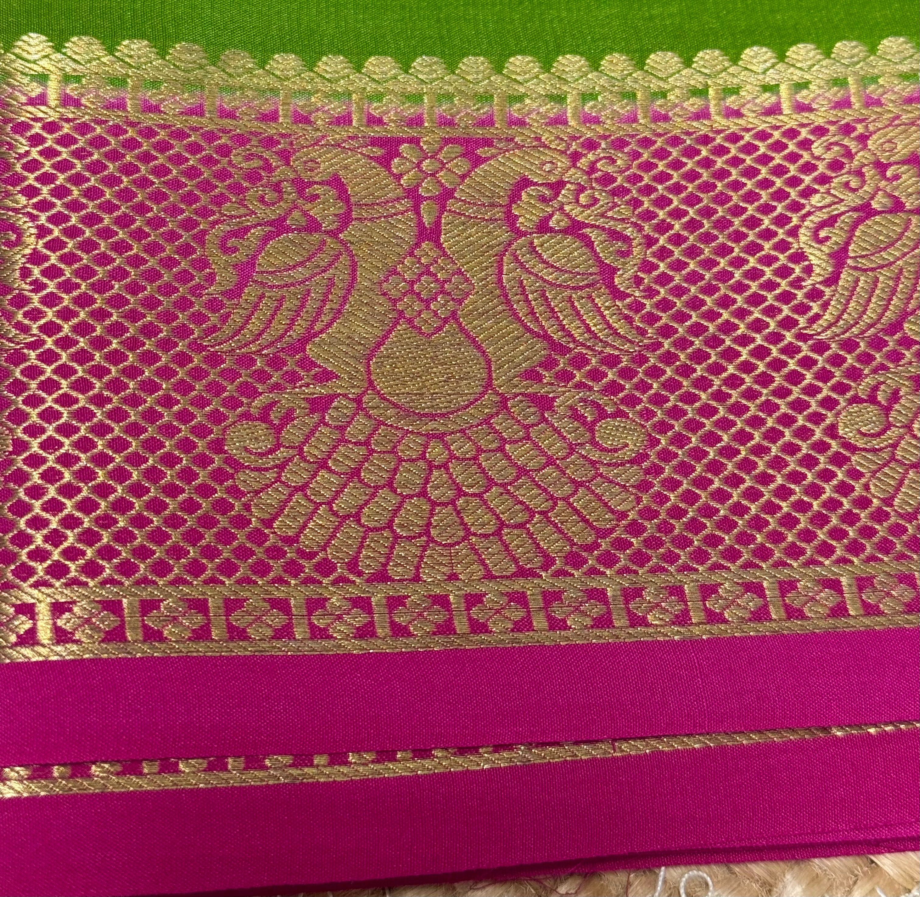 Green and pink Gandaberunda border Pure Mysore Silk saree