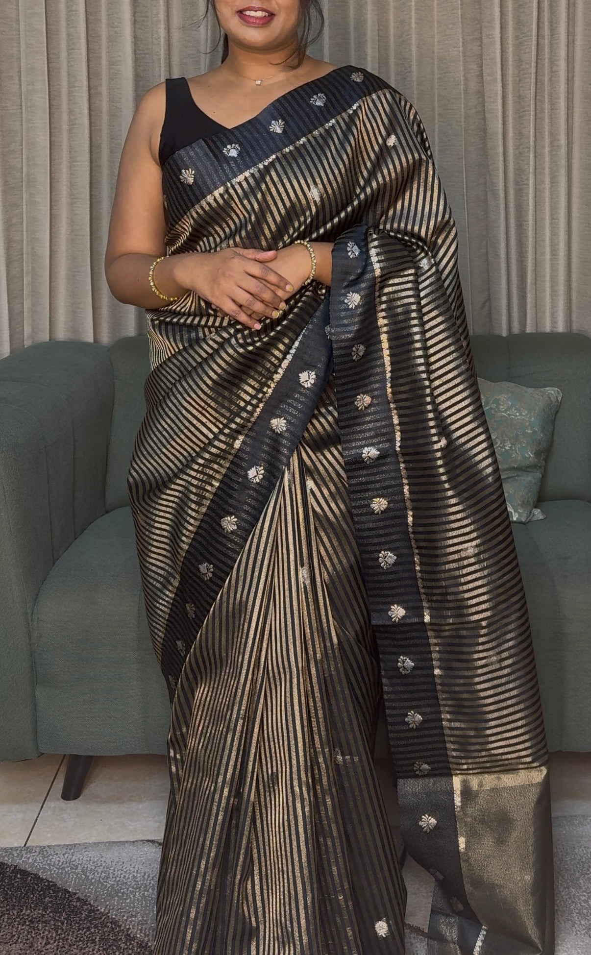 Gold and black stripe Handloom Banarasi Saree
