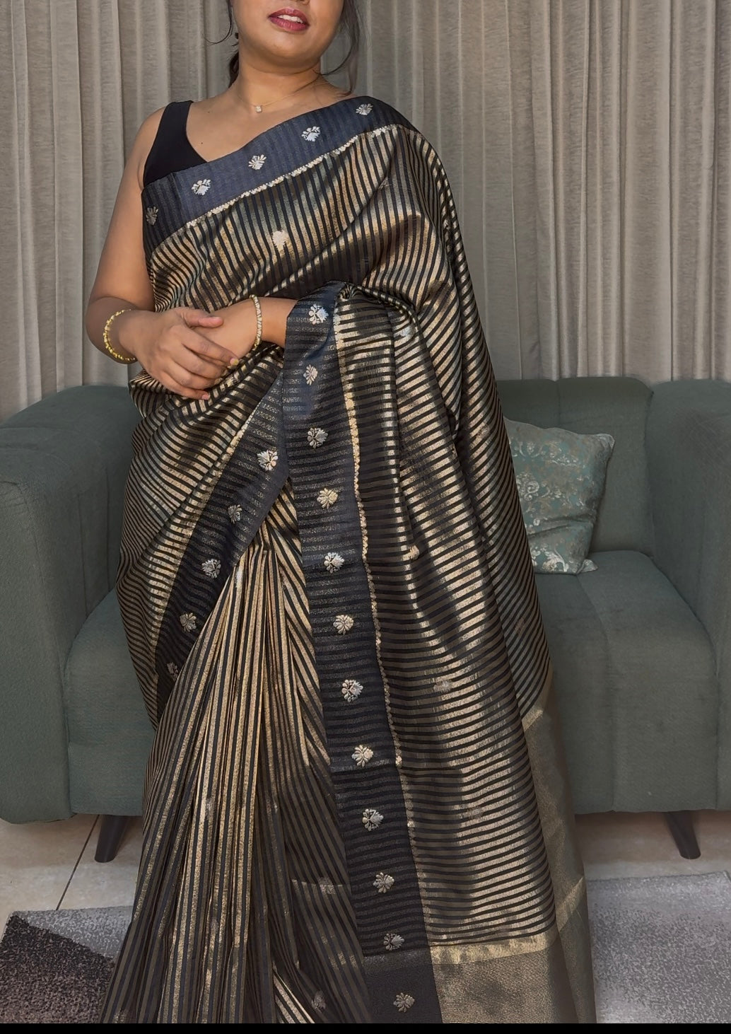 Gold and black stripe Handloom Banarasi Saree