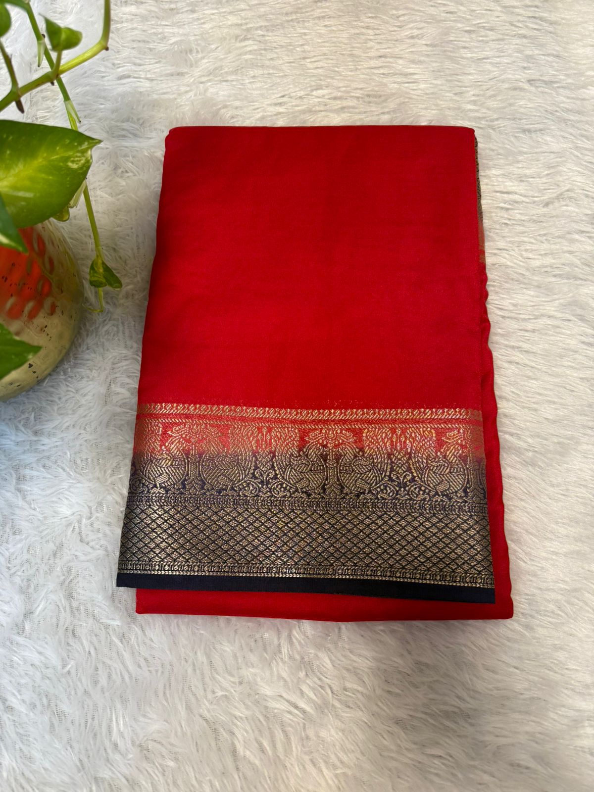 Semi Crepe silk with Peacock boarder in Red and Navy blue
