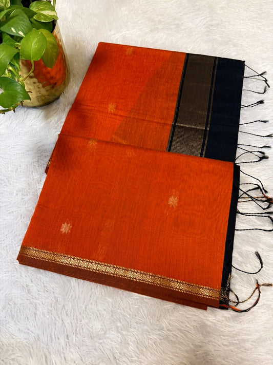 Saffron Maheshwari Cotton Silk Saree with Black pallu