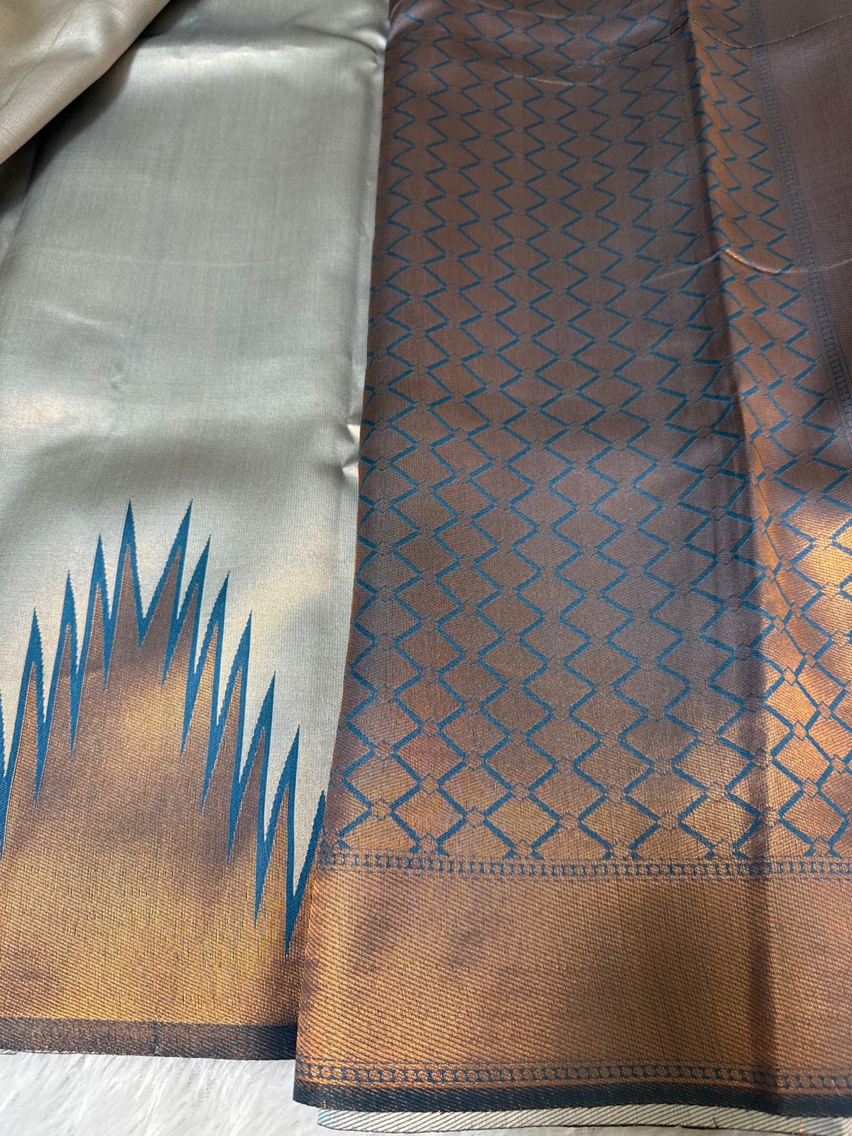 Temple Bordered Semi silk in Light blue