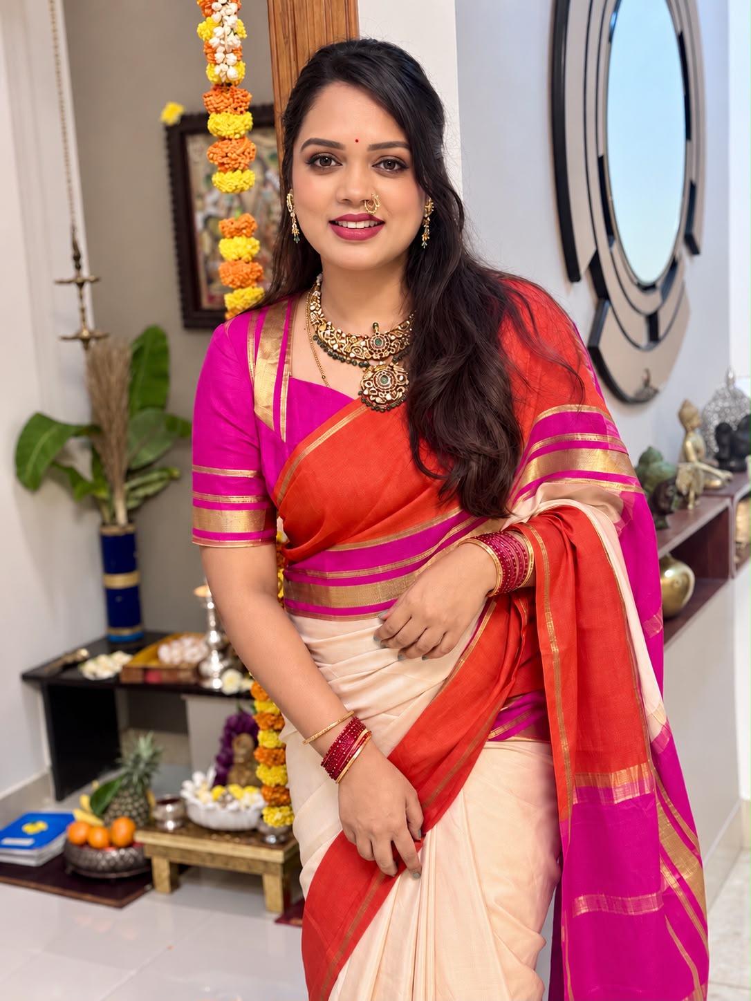 Orange pink and white Pure Mysore silk  saree